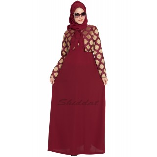 Sleeveless long Dress with a short fancy Jacket- Maroon